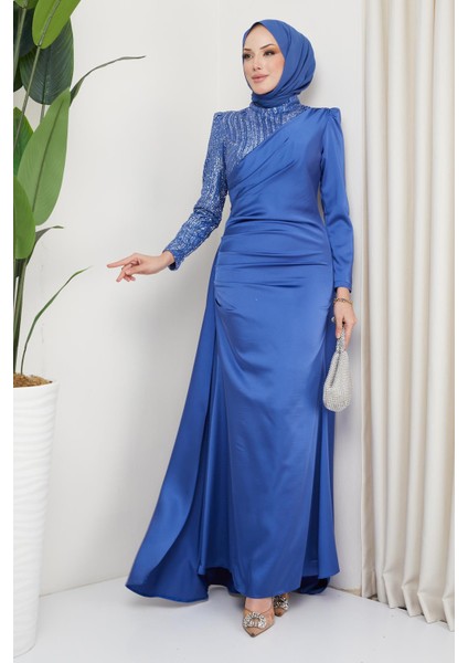 Önü Volan Detaylı Pullu Tül ve Saten Abiye Elbise Indigo 1662 fiyatları