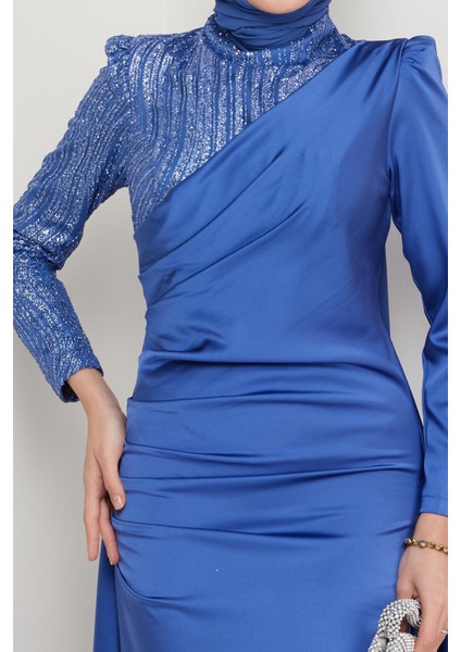 Önü Volan Detaylı Pullu Tül ve Saten Abiye Elbise Indigo 1662 fırsatları