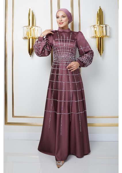 Önü ve Kolları Taş ve Pul Bezeli Kloş Saten Tesettür Abiye Elbise Gül Kurusu 1675