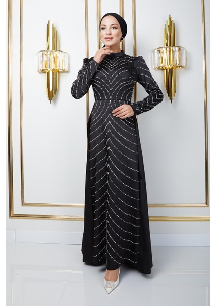 Önü ve Kolları Taş Bezeli Eteği Pelerinli Saten Tesettür Abiye Elbise Siyah 1674