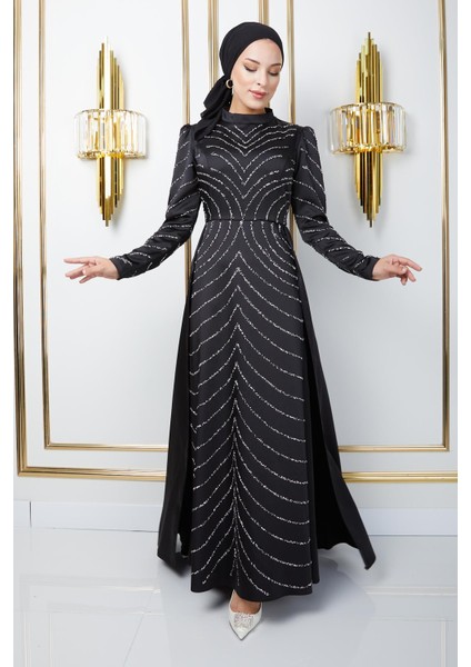 Önü ve Kolları Taş Bezeli Eteği Pelerinli Saten Tesettür Abiye Elbise Siyah 1674 fiyatları