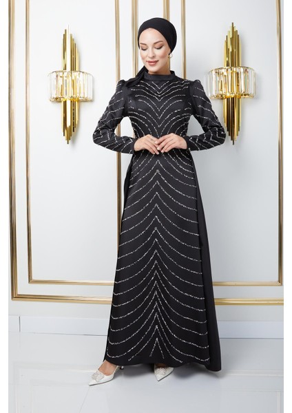 Önü ve Kolları Taş Bezeli Eteği Pelerinli Saten Tesettür Abiye Elbise Siyah 1674 fırsatları