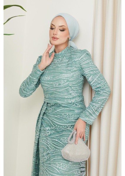 Taş ve Pul Bezeli Desenli Tül Tesettür Abiye Elbise Mint 1209