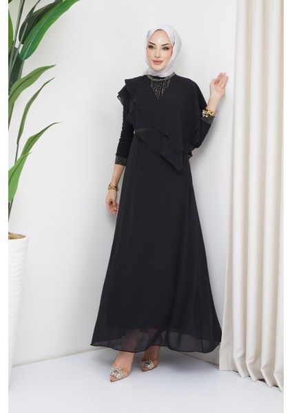 Taş ve Volan Detaylı Şifon Tesettür Abiye Elbise Siyah 1651 fiyatları