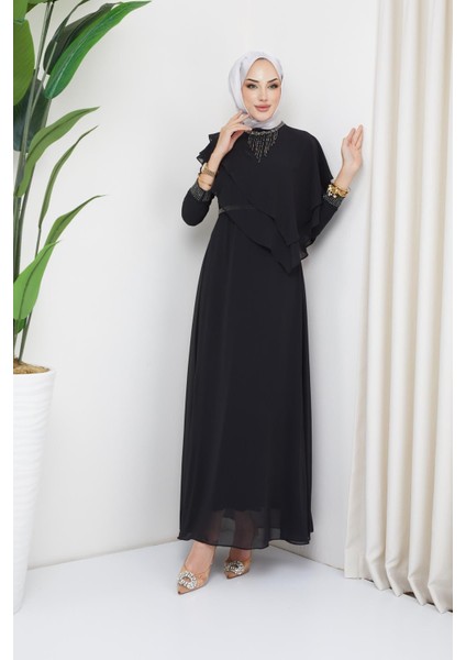 Taş ve Volan Detaylı Şifon Tesettür Abiye Elbise Siyah 1651 fırsatları