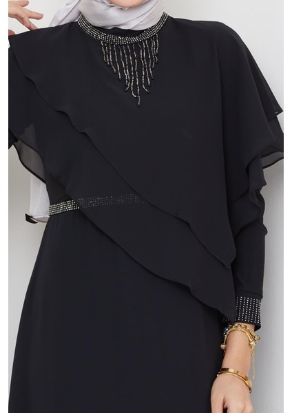 Taş ve Volan Detaylı Şifon Tesettür Abiye Elbise Siyah 1651 indirimleri