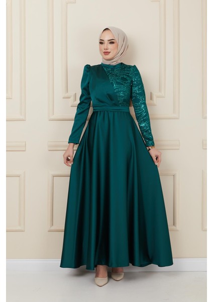Volan ve Payet Detaylı Saten Abiye Elbise Yeşil 1626