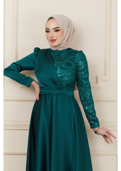 Volan ve Payet Detaylı Saten Abiye Elbise Yeşil 1626 indirimleri