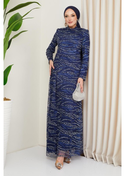 Taş ve Pul Bezeli Desenli Tül Tesettür Abiye Elbise Lacivert 1209