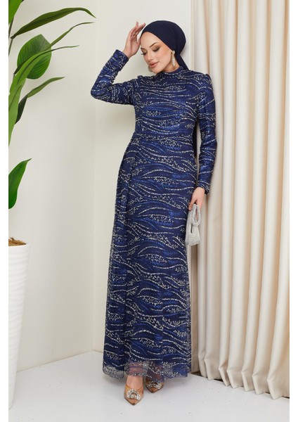Taş ve Pul Bezeli Desenli Tül Tesettür Abiye Elbise Lacivert 1209 fiyatları