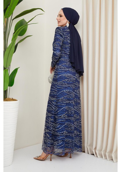 Taş ve Pul Bezeli Desenli Tül Tesettür Abiye Elbise Lacivert 1209 fırsatları