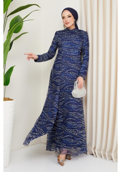 Taş ve Pul Bezeli Desenli Tül Tesettür Abiye Elbise Lacivert 1209 indirimleri