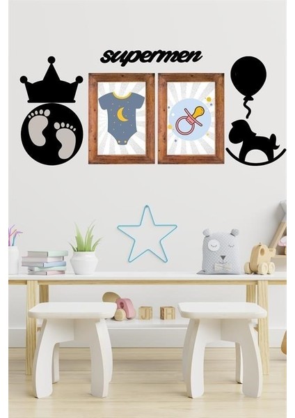 Çocuk Odası Için Ahşap Tasarım Dekor Supermen Duvar Süsü Tablo Aksesuar Pano Sticker Seti