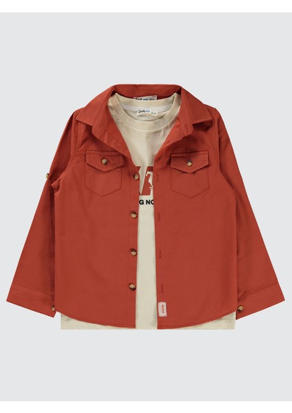 Erkek Çocuk Tişörtlü Gömlek 6-9 Yaş Koyu Bakır