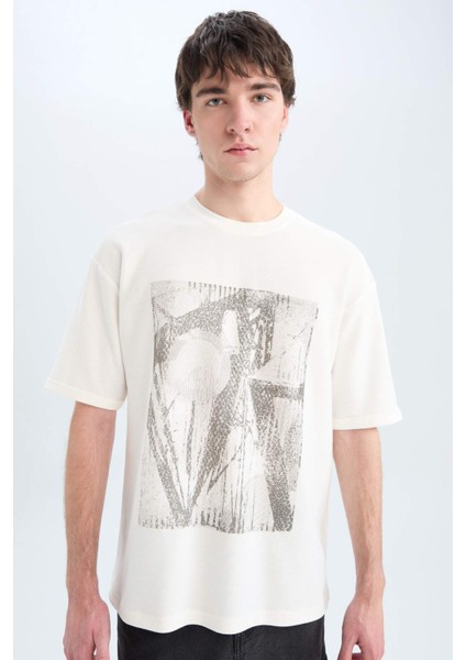 %100 Pamuk Boxy Fit Bisiklet Yaka Baskılı Kısa Kollu Tişört D5865AX25SP