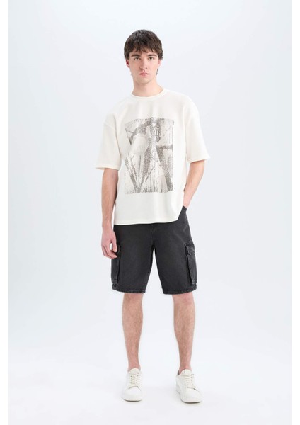 %100 Pamuk Boxy Fit Bisiklet Yaka Baskılı Kısa Kollu Tişört D5865AX25SP fiyatları