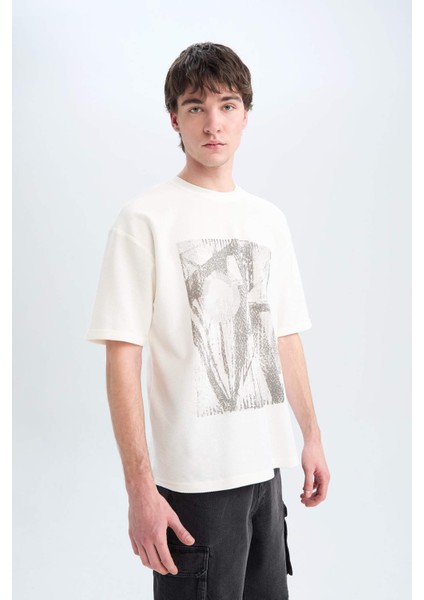 %100 Pamuk Boxy Fit Bisiklet Yaka Baskılı Kısa Kollu Tişört D5865AX25SP modelleri