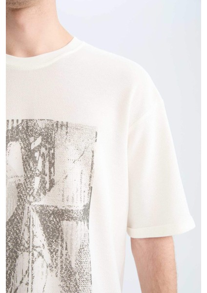 %100 Pamuk Boxy Fit Bisiklet Yaka Baskılı Kısa Kollu Tişört D5865AX25SP indirimleri