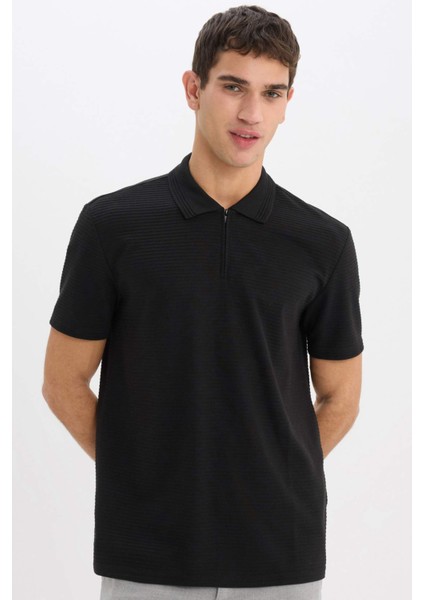 Regular Fit Polo Yaka Yarım Fermuarlı Kısa Kollu Siyah Tişört E4233AX25SM