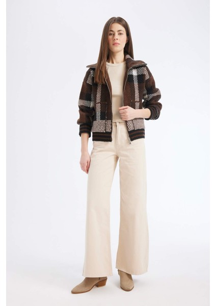 Regular Fit Kareli Fermuarlı Dik Yaka Triko Hırka E7733AX25SP fiyatları