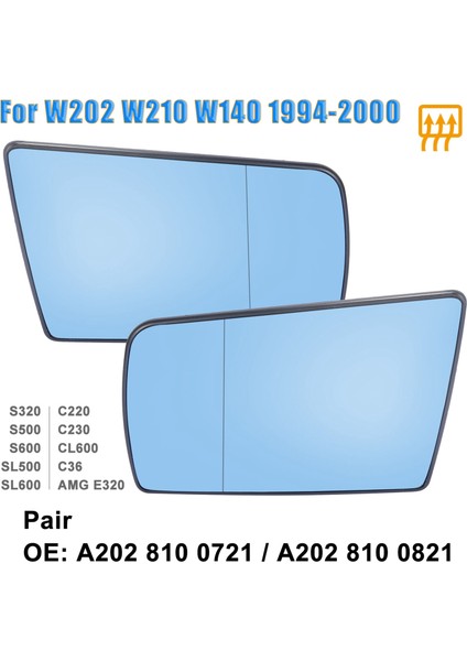 Sol+Sağ Yan Ayna Camı Isıtmalı Destek Plakalı Lh Rh C W202 E W210 S W140 ile Uyumlu 1994-2000 (Yurt Dışından)