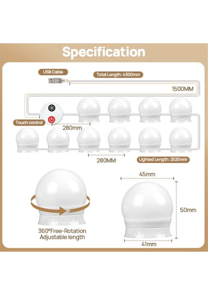 Ayna Için LED Vanity Işıkları USB 10 Kısılabilir Ampul Ayarlanabilir 3 Renk Makyaj Ampulü (Yurt Dışından)