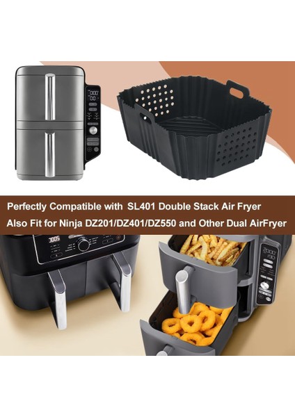 SL401 Çift Yığın 2 Sepet Yeniden Kullanılabilir Dikdörtgen Delikli Silikon Gri Için Hava Fritöz Kaplamaları (Yurt Dışından)