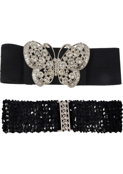 2 Adet Kadın Rhinestones Accent Kelebek Kanca Toka Siyah Elastik Cinch Bel Kemeri - 56X7CM & 58X5CM (Yurt Dışından) fiyatları