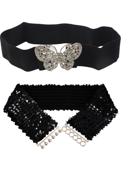 2 Adet Kadın Rhinestones Accent Kelebek Kanca Toka Siyah Elastik Cinch Bel Kemeri - 56X7CM & 58X5CM (Yurt Dışından) modelleri