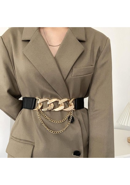 Lüks Marka Altın Zincir Kemer Elastik Gümüş Metal Bel Kemerleri Kadınlar Için Yüksek Kaliteli Streç Bayanlar Ceket Ketting Riem Kemer (Yurt Dışından)