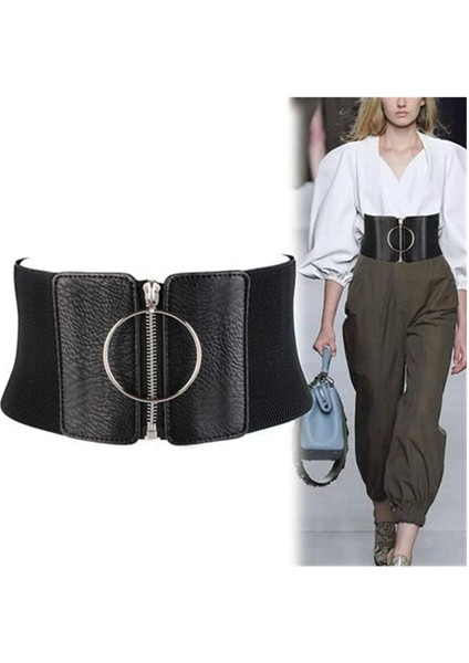 Kadınlar Için Ultra Geniş Kemer Elbiseler Bayanlar Elastik Kemerler Kadın Büyük Metal Daire Halka Siyah Bel Kayışı (Yurt Dışından)