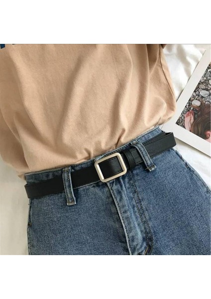 Moda Kadın Kemer Gözeneksiz Kare Toka Kot Siyah Kemer Şık Lüks Marka Bayanlar Vintage Kayış Kadın Kemer 2.3 cm Genişlik (Yurt Dışından)