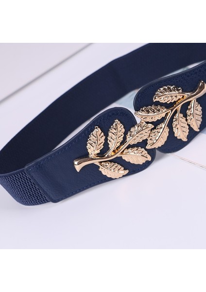 Moda Yaprak Kemerler Esnek Bayan Sıcak Kadınlar Için Elastik Kuşaklar Koyu Mavi Kemer Elbise Altın Çift Metal Toka Kemer (Yurt Dışından) fırsatları