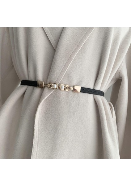 Kadın Ince Elastik Kemer Zarif Şık Inci Çift Tokalı Kemer Düz Renk Sadelik Tüm Maç Kemer Giyim Aksesuarları (Yurt Dışından)