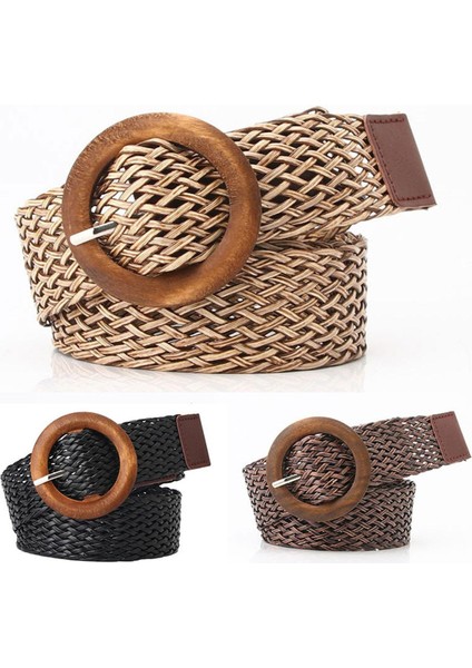 Kadın Bohemian Örgülü Kemer Moda Ahşap Toka Yaz Elbisesi Kot Geniş Siyah Pp Saman Bel Kemeri Boho Kemerler Kadınlar Için (Yurt Dışından)