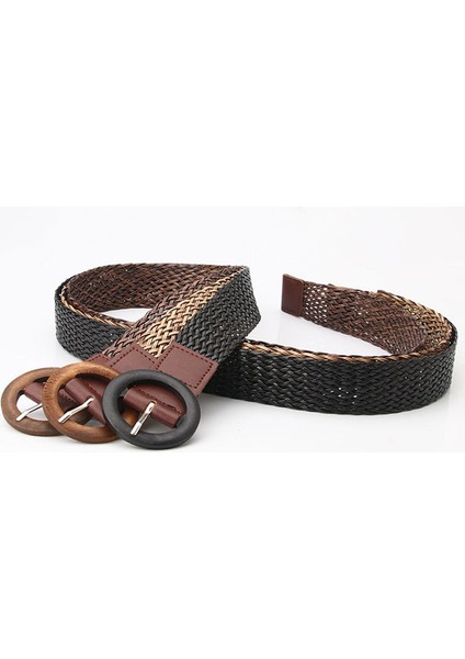 Kadın Bohemian Örgülü Kemer Moda Ahşap Toka Yaz Elbisesi Kot Geniş Siyah Pp Saman Bel Kemeri Boho Kemerler Kadınlar Için (Yurt Dışından)