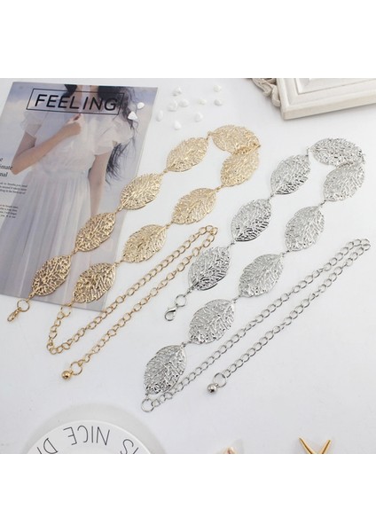 Yaprak Şekilli Hollow Out Zincir Kemer Kadınlar Için Zarif Altın Gümüş Metal Bayanlar Kemer Moda Elbise Bel Bandı Düğün (Yurt Dışından) fırsatları