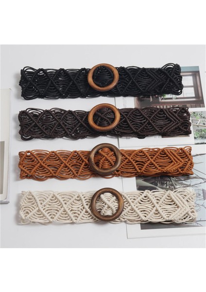 Vintage Geniş Bohemian Kemerler Kadınlar Için Yuvarlak Ahşap Toka Dokuma Örgülü Halat Kemer Kadın Rahat Tığ Boho Elbise Kemer 109 (Yurt Dışından)
