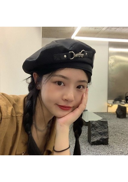 Sonbahar Bere Kova Şapka Harajuku Punk Gotik Metal Halka Pu Kemer Zinciri Siyah Şapka Menchic Streetweed Beanie Bonnet (Yurt Dışından) fiyatları