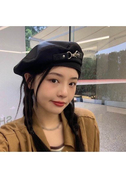 Sonbahar Bere Kova Şapka Harajuku Punk Gotik Metal Halka Pu Kemer Zinciri Siyah Şapka Menchic Streetweed Beanie Bonnet (Yurt Dışından) modelleri