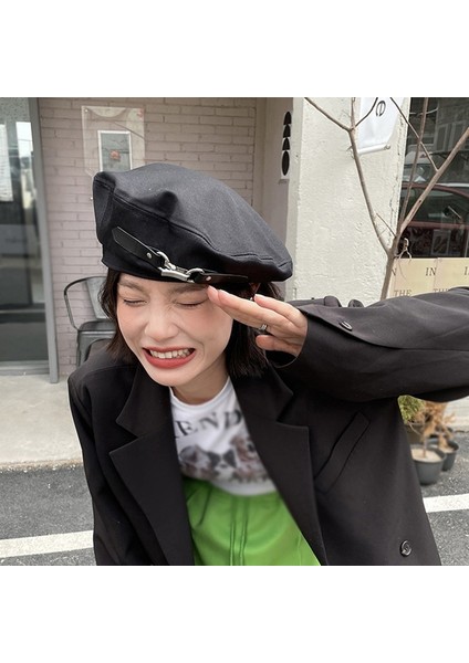 Sonbahar Bere Kova Şapka Harajuku Punk Gotik Metal Halka Pu Kemer Zinciri Siyah Şapka Menchic Streetweed Beanie Bonnet (Yurt Dışından) fırsatları