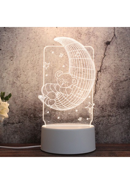 3D Üç Renkli LED Dekoratif Gece Lambası Ay Ayı Beyaz (Yurt Dışından)