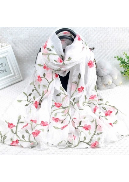 Sonbahar ve Kış Ulusal Tarzı Vahşi Şeftali Çiçeği Nakış Desenli Uzun Dantel Eşarp Ipek Eşarp, Boyut: 172 x 70CMBEYAZ (Yurt Dışından)
