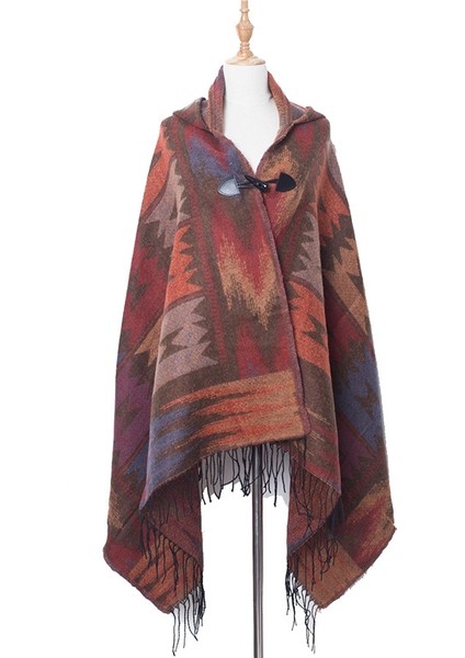 Etnik Stil Kapüşonlu Pelerin Şal 135-175CMB Style Kahve (Yurt Dışından)