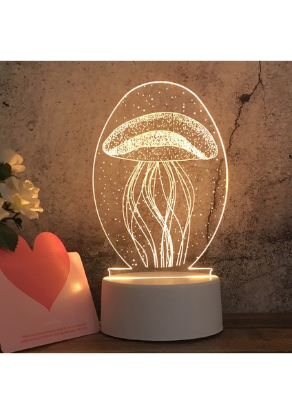 3D Üç Renkli LED Dekoratif Gece Lambası Denizanası Beyaz (Yurt Dışından)