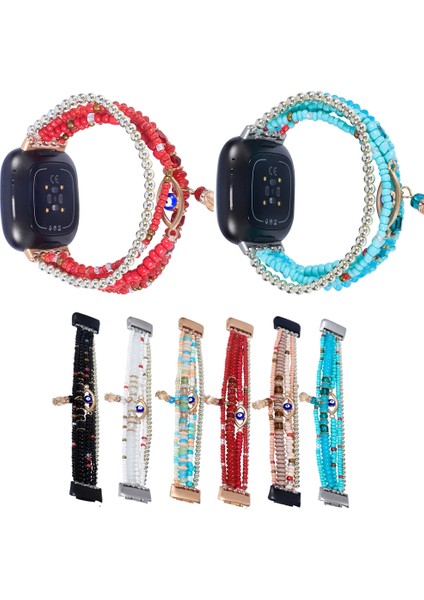Fit Versa 3 Için Göz Boncuklu Zincirli Saat Bandı / Sense Pembe (Yurt Dışından)