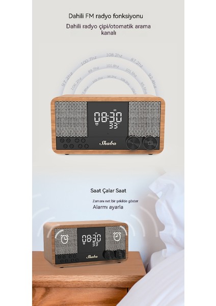 Retro Bluetooth Hoparlör Ahşap Ev Fm Radyo Saat Çalar Saat Ses Bluetooth Ağır Subwoofer (Yurt Dışından)