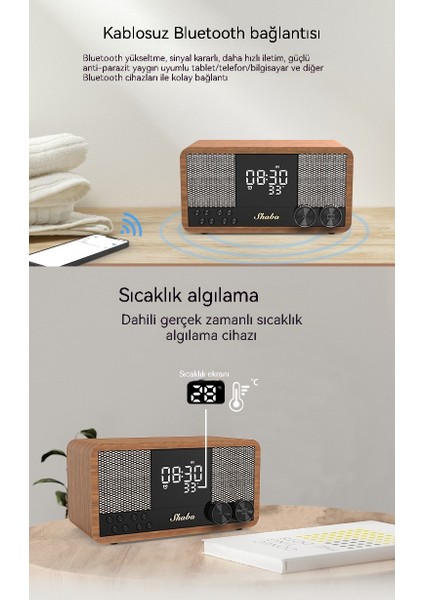 Retro Bluetooth Hoparlör Ahşap Ev Fm Radyo Saat Çalar Saat Ses Bluetooth Ağır Subwoofer (Yurt Dışından)