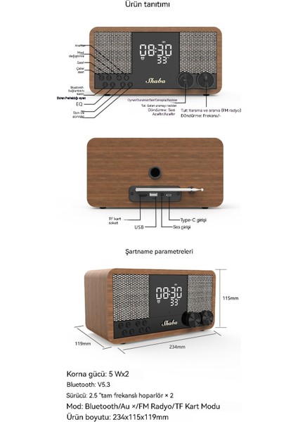 Retro Bluetooth Hoparlör Ahşap Ev Fm Radyo Saat Çalar Saat Ses Bluetooth Ağır Subwoofer (Yurt Dışından)
