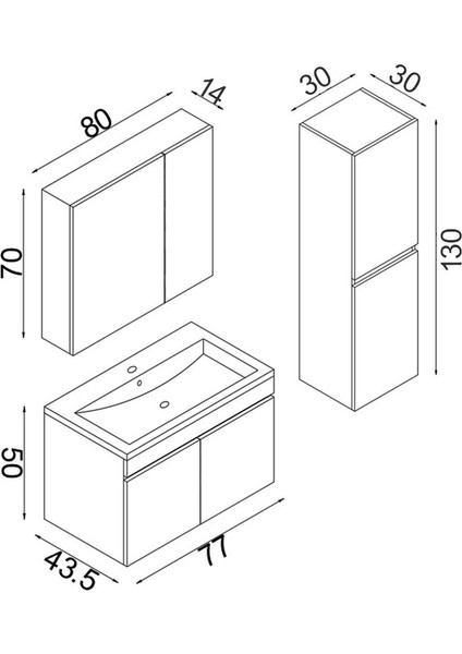 Tokyo 80 Cm Mdf Banyo Dolabı Seti +Boy Dolabı
